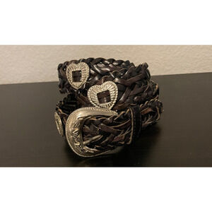 VTG Capezio Belt Womens M/L Black Braided Leather Western Heart Concho Buckle